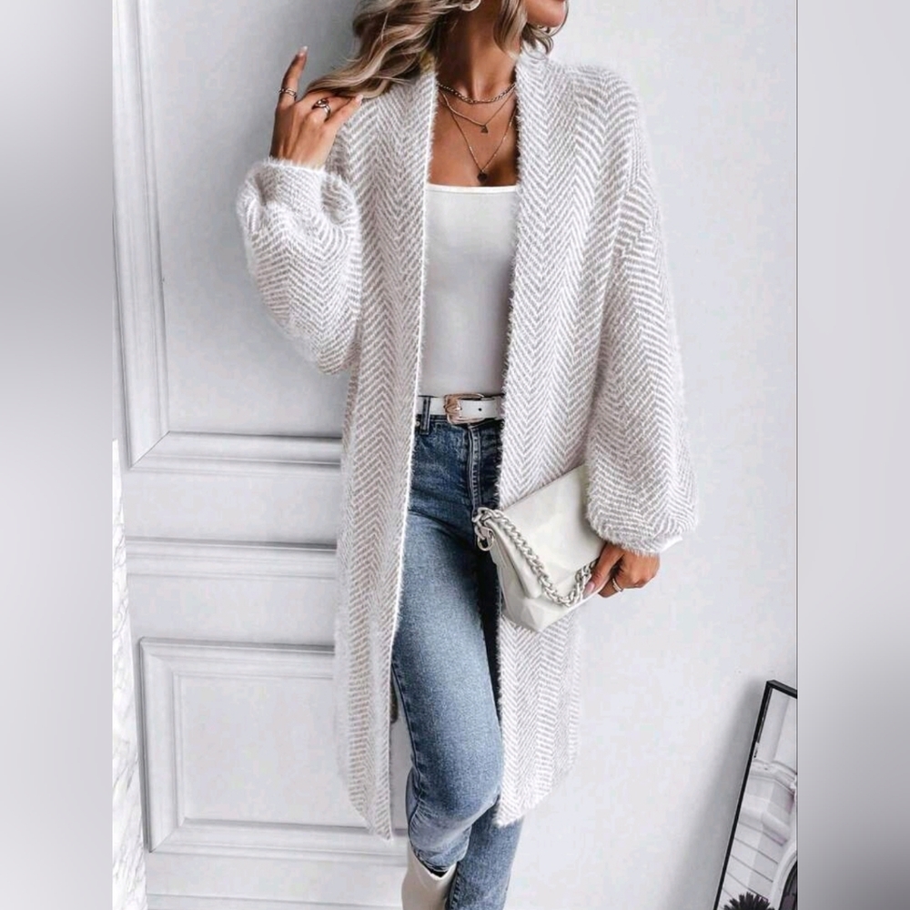 New Chic Fluffy Chevron Knit Cardigan Sweater Duster White Cream Ivory Tan